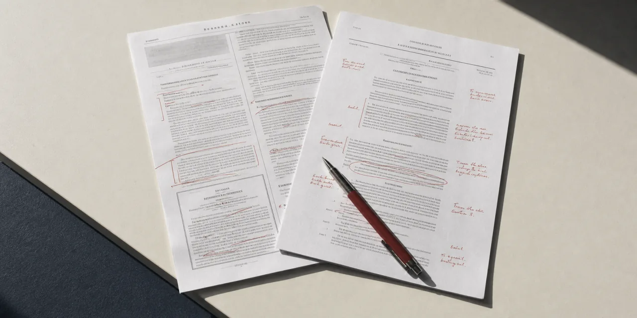 Deux documents imprimés au texte illisible, annotés à l’encre rouge dans les marges, un stylo posé en travers