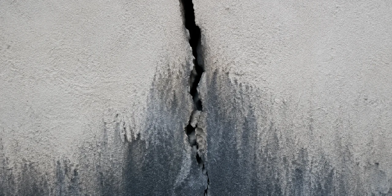 Fissure traversante dans un enduit clair, ouverte sur l’ombre, avec des coulures d’humidité étalées en dessous