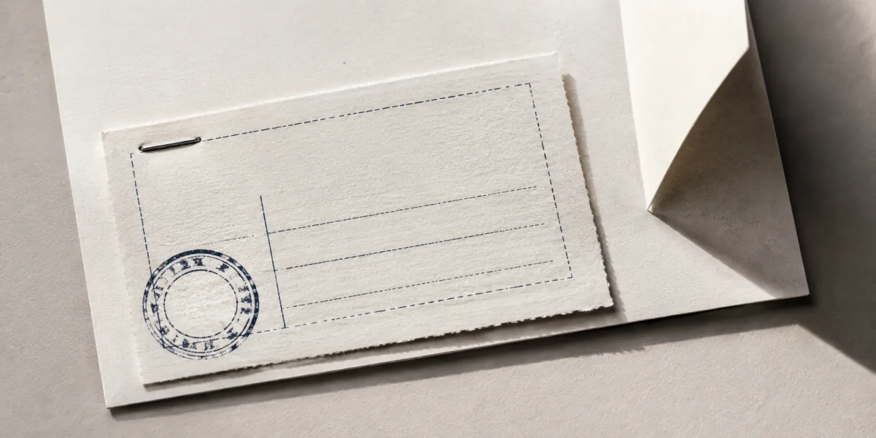 Récépissé postal vierge agrafé à une feuille, marqué d’un cachet rond à l’encre, un coin corné