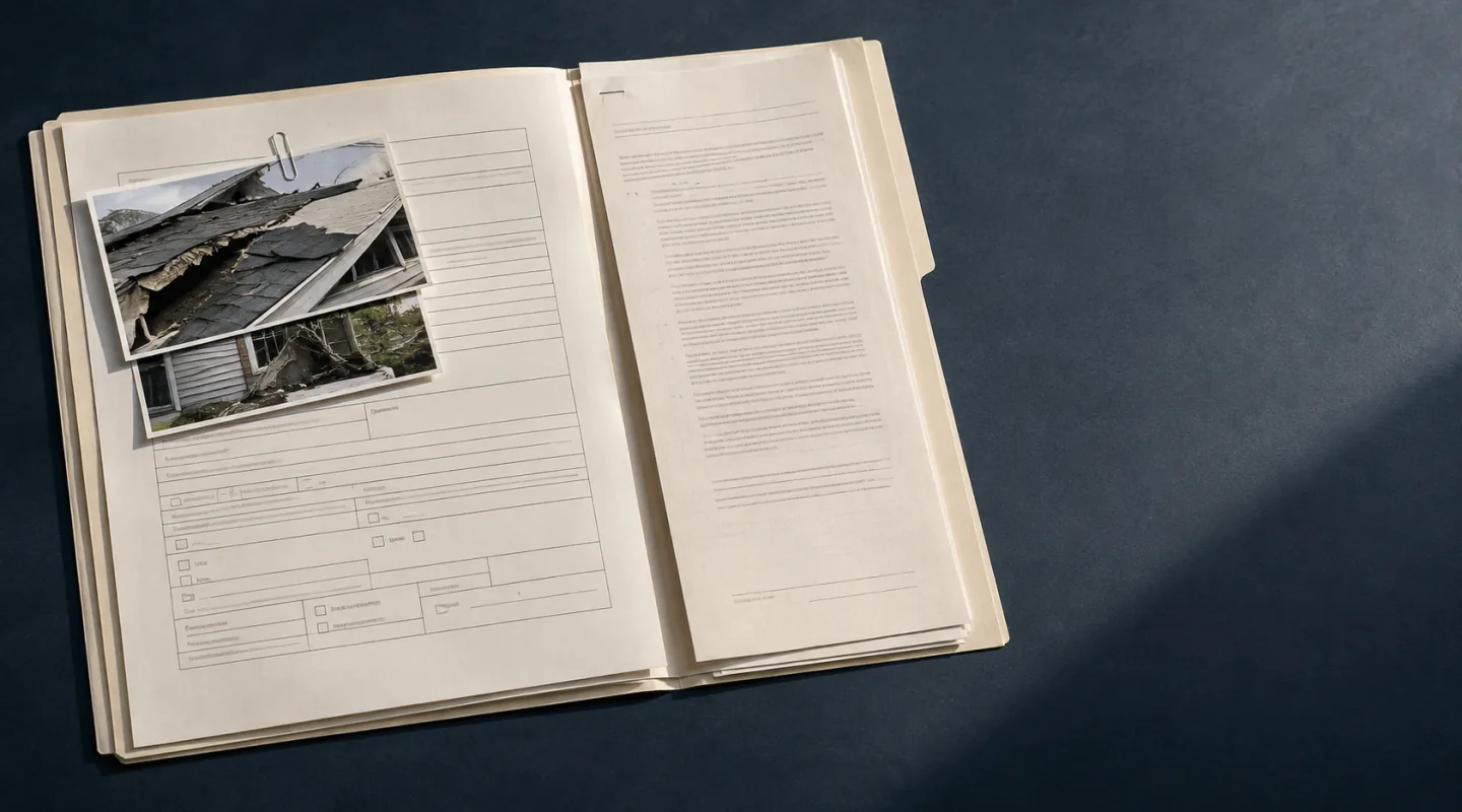 Dossier de sinistre ouvert à plat : un formulaire imprimé auquel une photographie de toiture endommagée est retenue par un trombone, et une page dactylographiée en vis-à-vis
