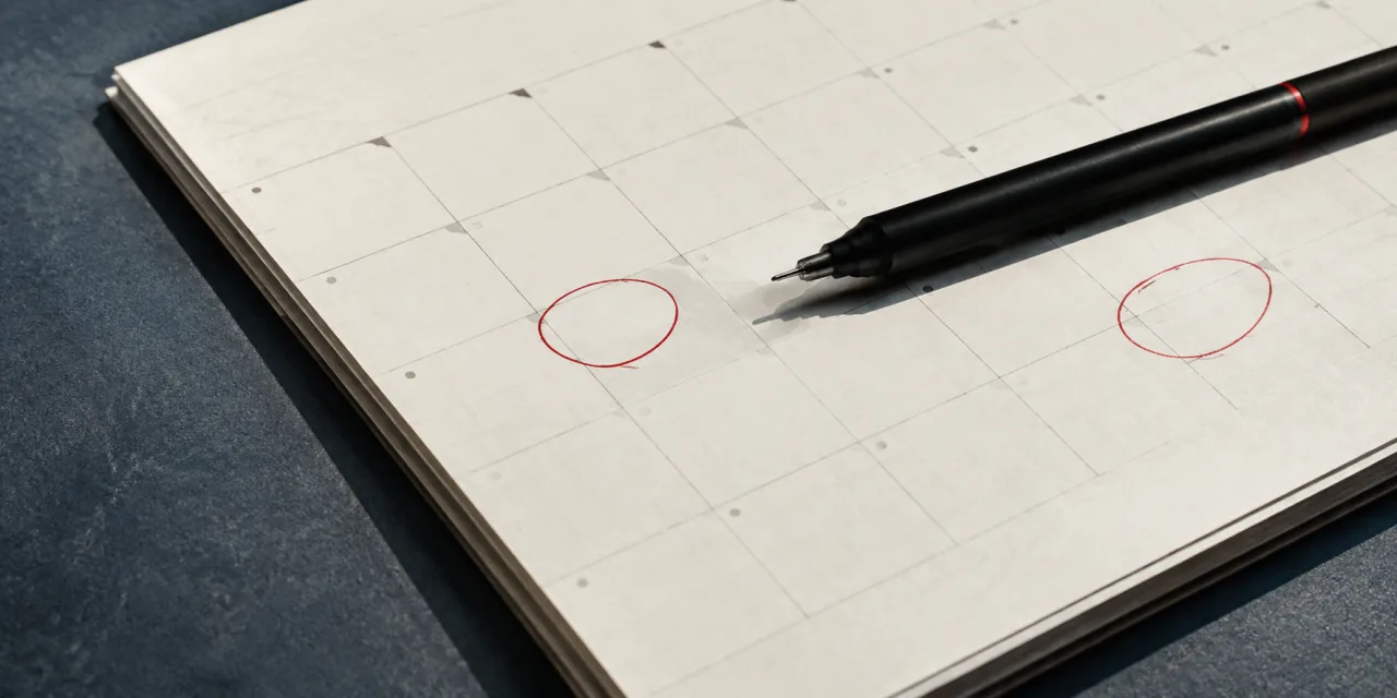 Page de calendrier quadrillée dont deux cases sont entourées à l’encre rouge, un stylo posé en travers