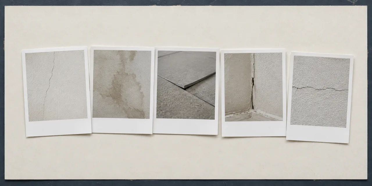 Cinq tirages photographiques alignés, chacun montrant un détail de désordre — fissures, trace d’humidité, joint de carrelage — avec une bande blanche vierge le long du bord bas