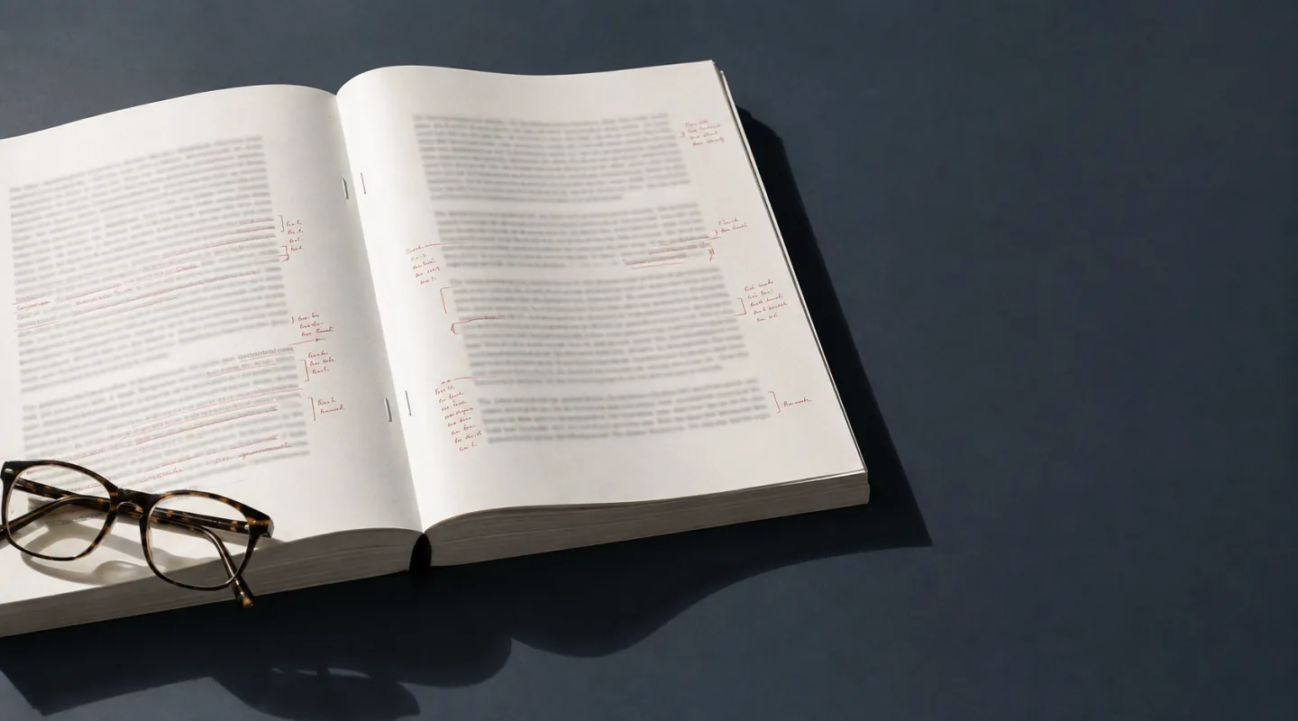 Rapport épais ouvert à plat, corps de texte illisible, marges annotées à l’encre rouge, une paire de lunettes pliée sur le coin