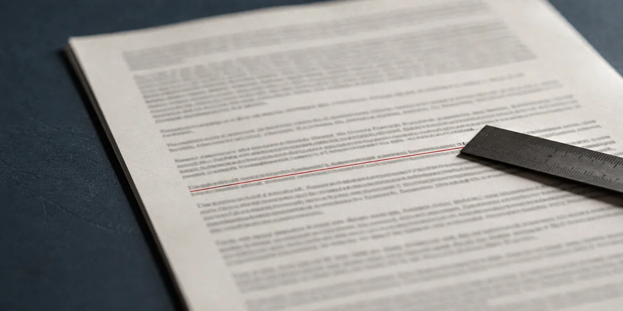 Page de contrat imprimée dont un passage est souligné à l’encre rouge, une règle métallique encore posée le long de la ligne