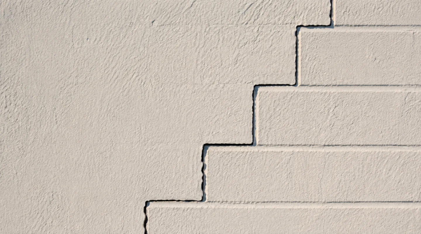 Fissure en escalier suivant les joints de maçonnerie d’un mur enduit clair, vue de face