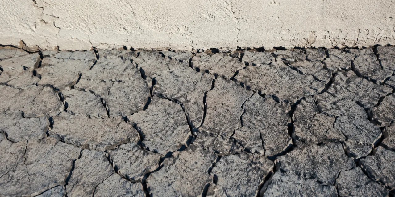 Sol argileux craquelé au pied d’un mur enduit clair, le motif de retrait polygonal occupant tout le cadre