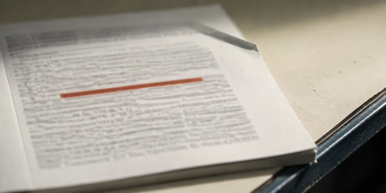 Page imprimée au texte illisible dont une ligne est marquée d’un trait de surligneur orange, un coin corné