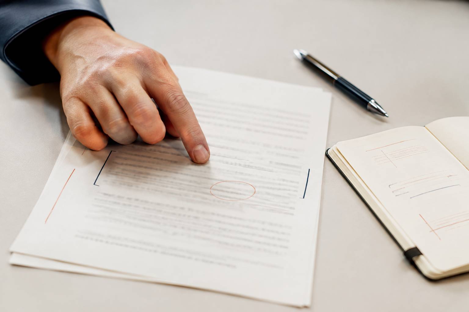 Document administratif flou vérifié à la main avec carnet de repérage