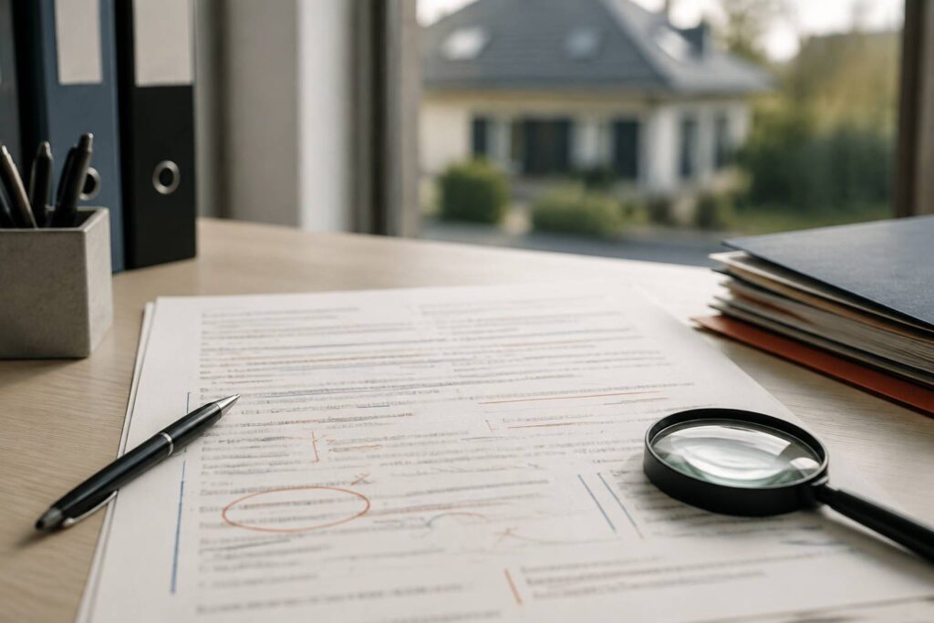 Document officiel flou de catastrophe naturelle sur un bureau avec une loupe