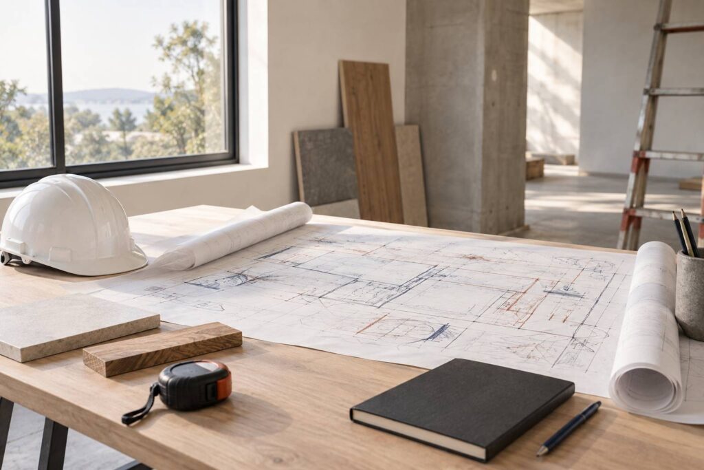 Bureau de chantier avec plan déroulé, casque blanc et mètre ruban