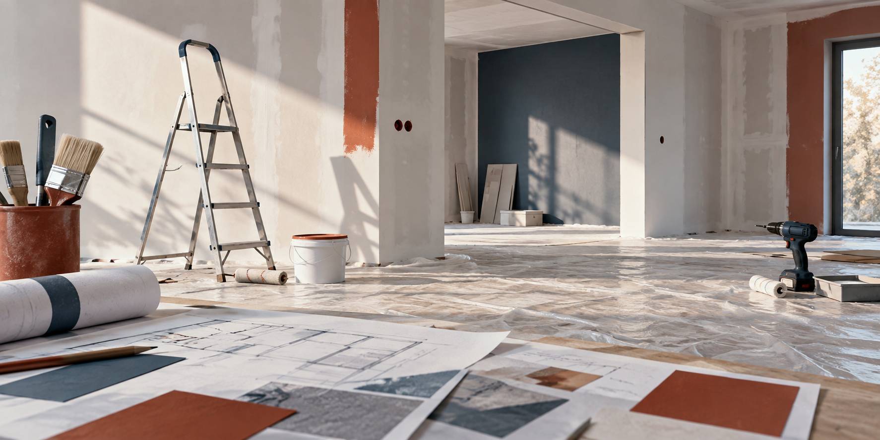 Intérieur en finition avec cloisons neuves, escabeau et pot de peinture uni