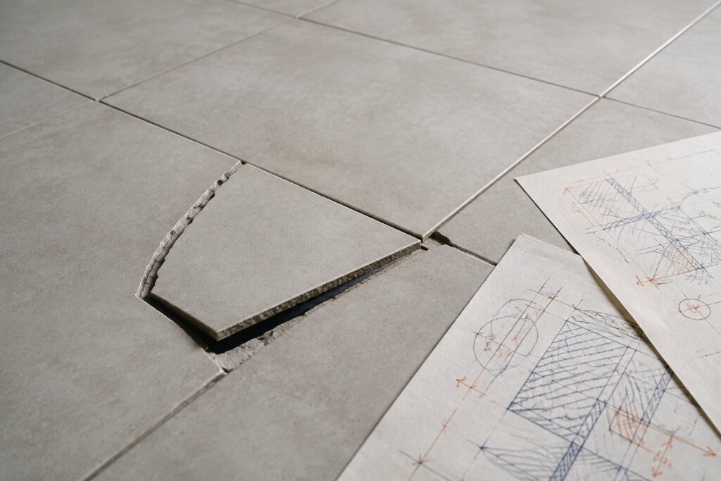 Carreau de céramique décollé et incliné sur un sol clair