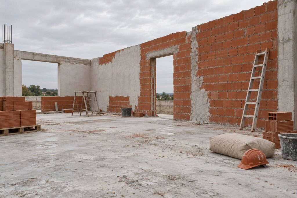 Mur en briques en construction avec échelle et casque de chantier posé au sol