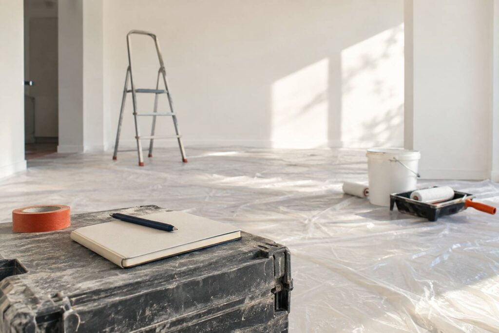 Pièce en fin de chantier avec matériel de rénovation et carnet de réserves
