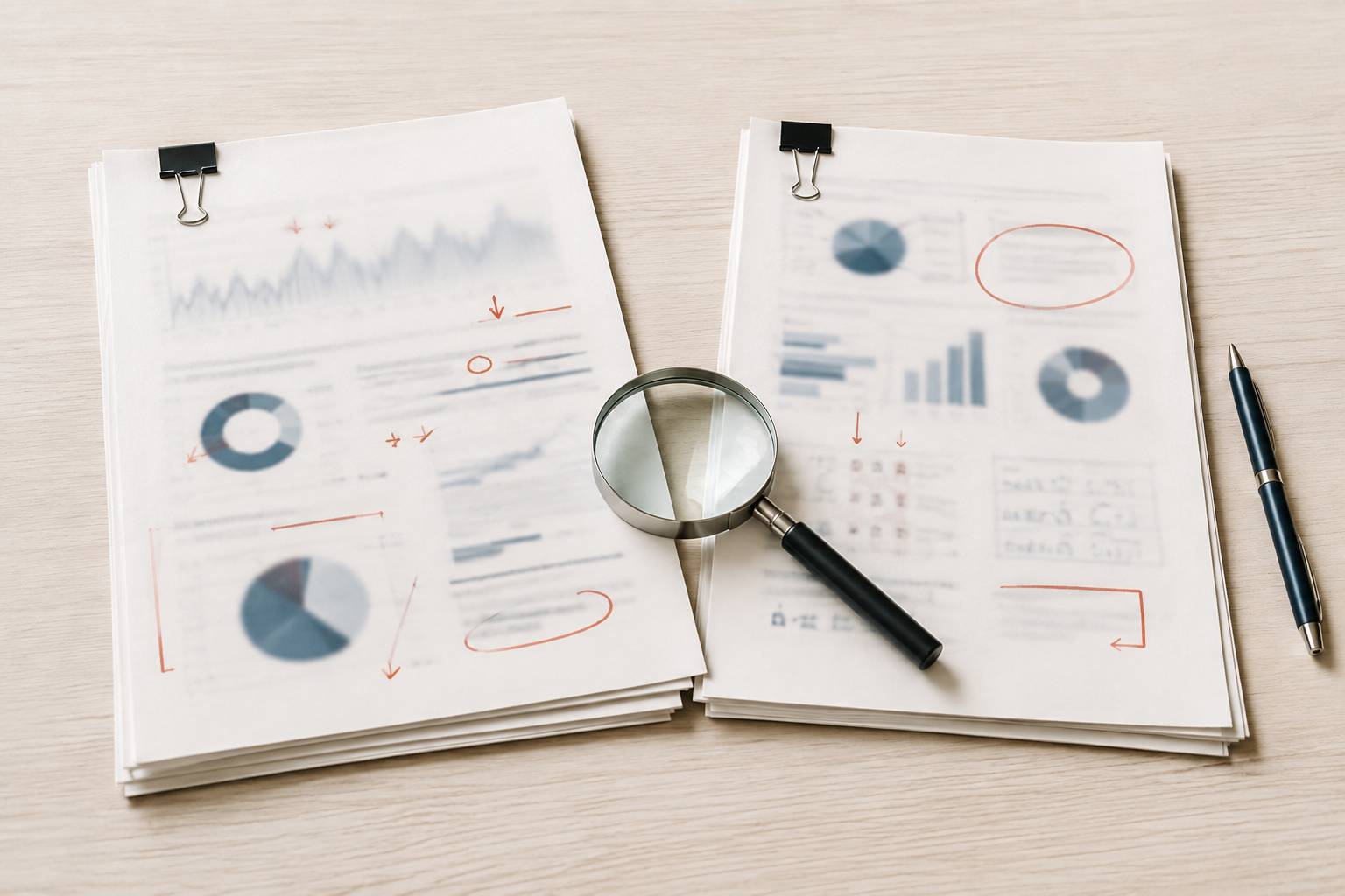 Deux rapports d'expertise flous comparés côte à côte avec une loupe
