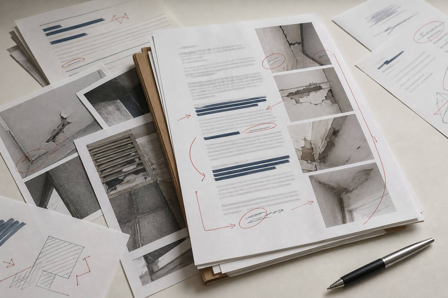 Courrier de contestation flou avec copies de rapport et photos