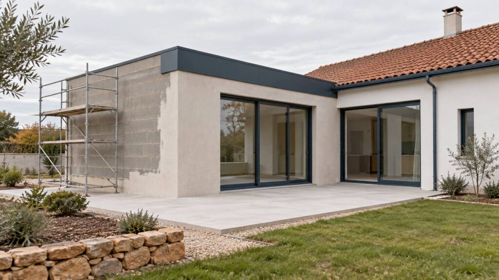 Extension de maison recente avec enduit et toiture en cours de finition