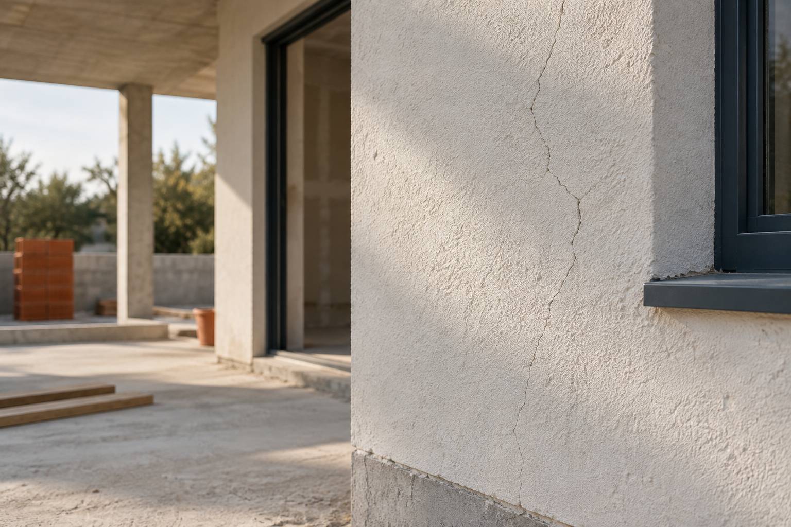 Lezarde fine sur un mur d'enduit clair d'une extension vue de pres