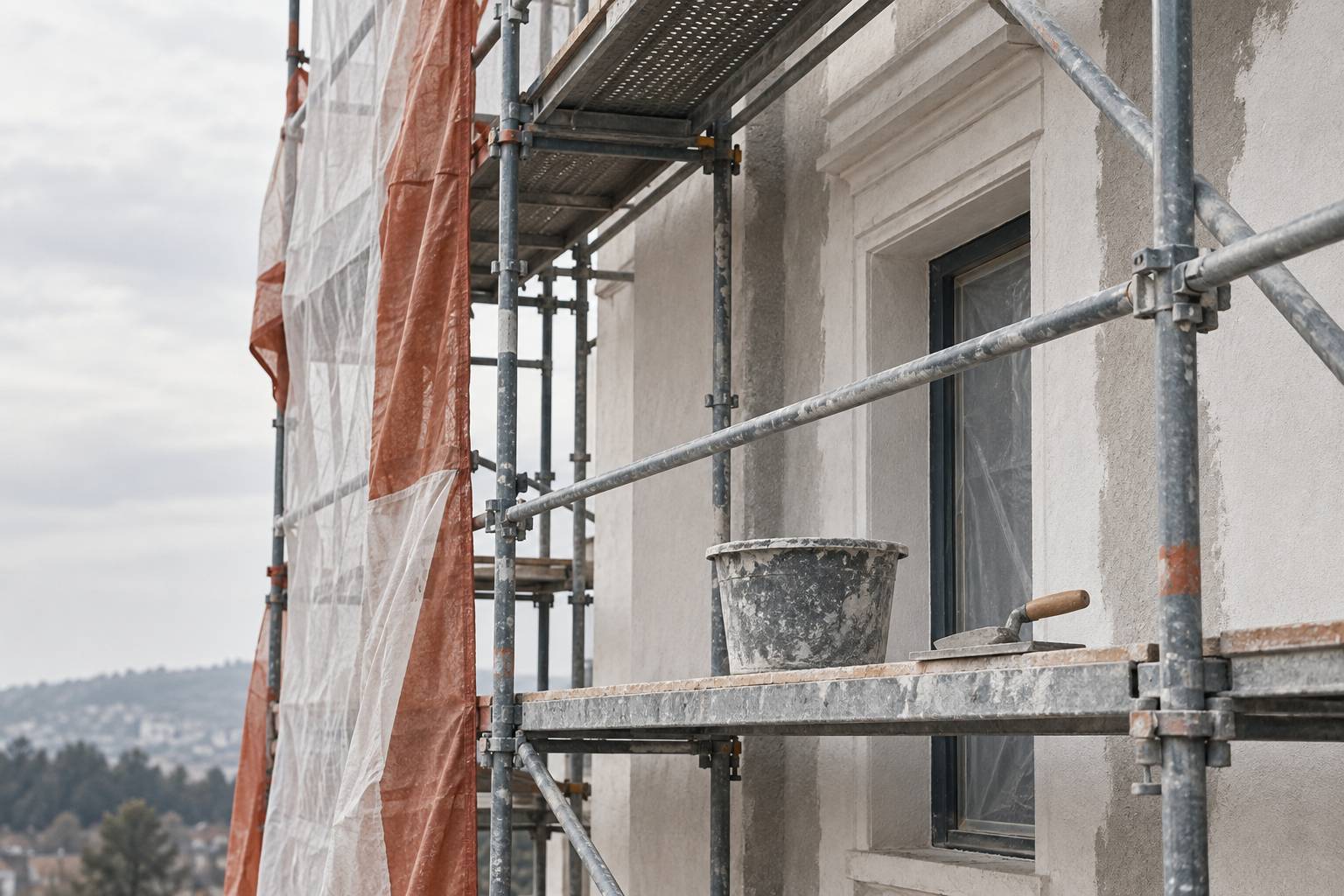 Facade en travaux avec echafaudage, bache et seau sur une planche