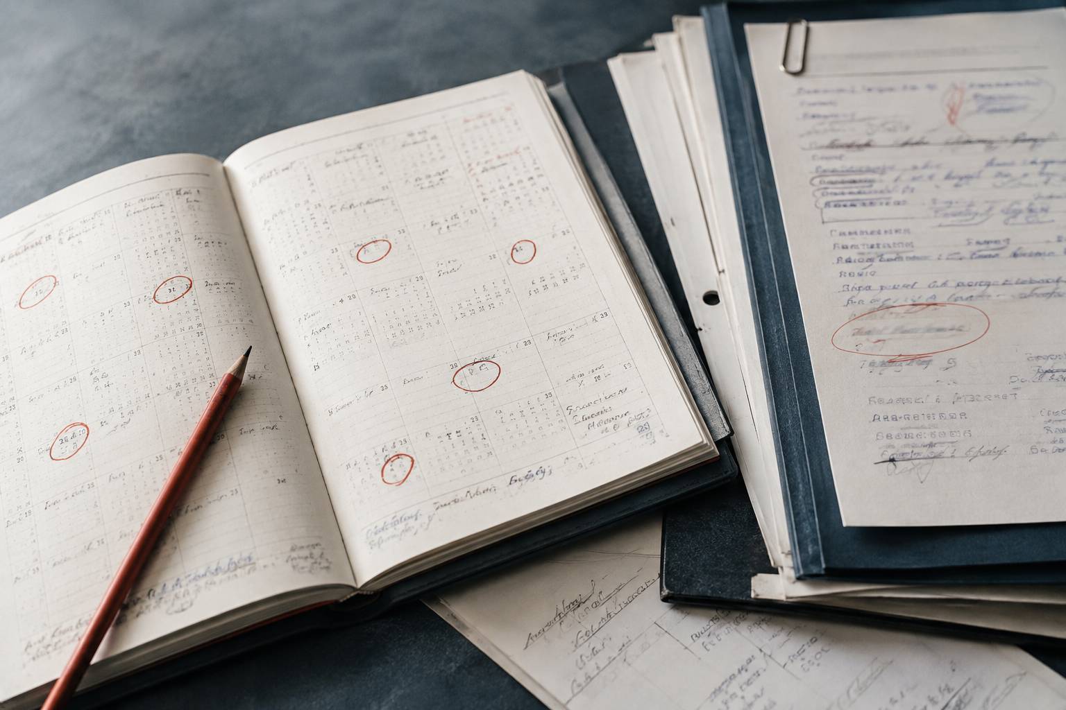 Agenda avec dates entourées en rouge près d'un procès-verbal flou