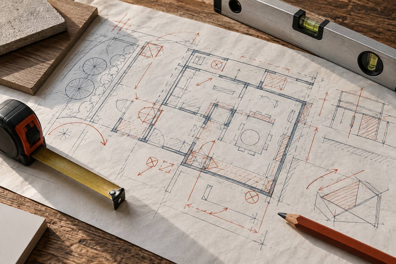 Plan de rénovation annoté avec mètre, niveau et crayon de chantier