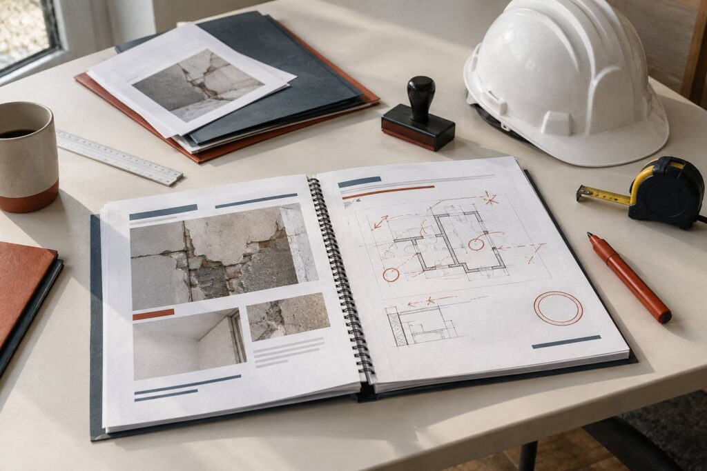 Dossier d'expertise de réception annoté avec mètre ruban et casque de chantier