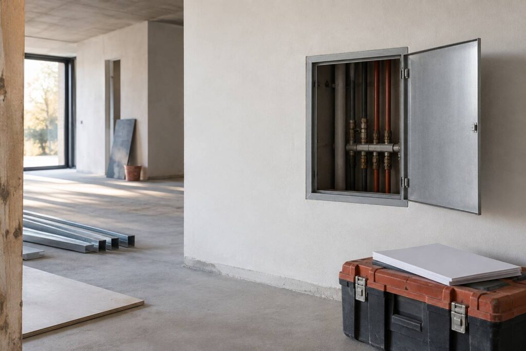 Equipement technique encastre dans un mur clair avec dossier pose sur une caisse a outils