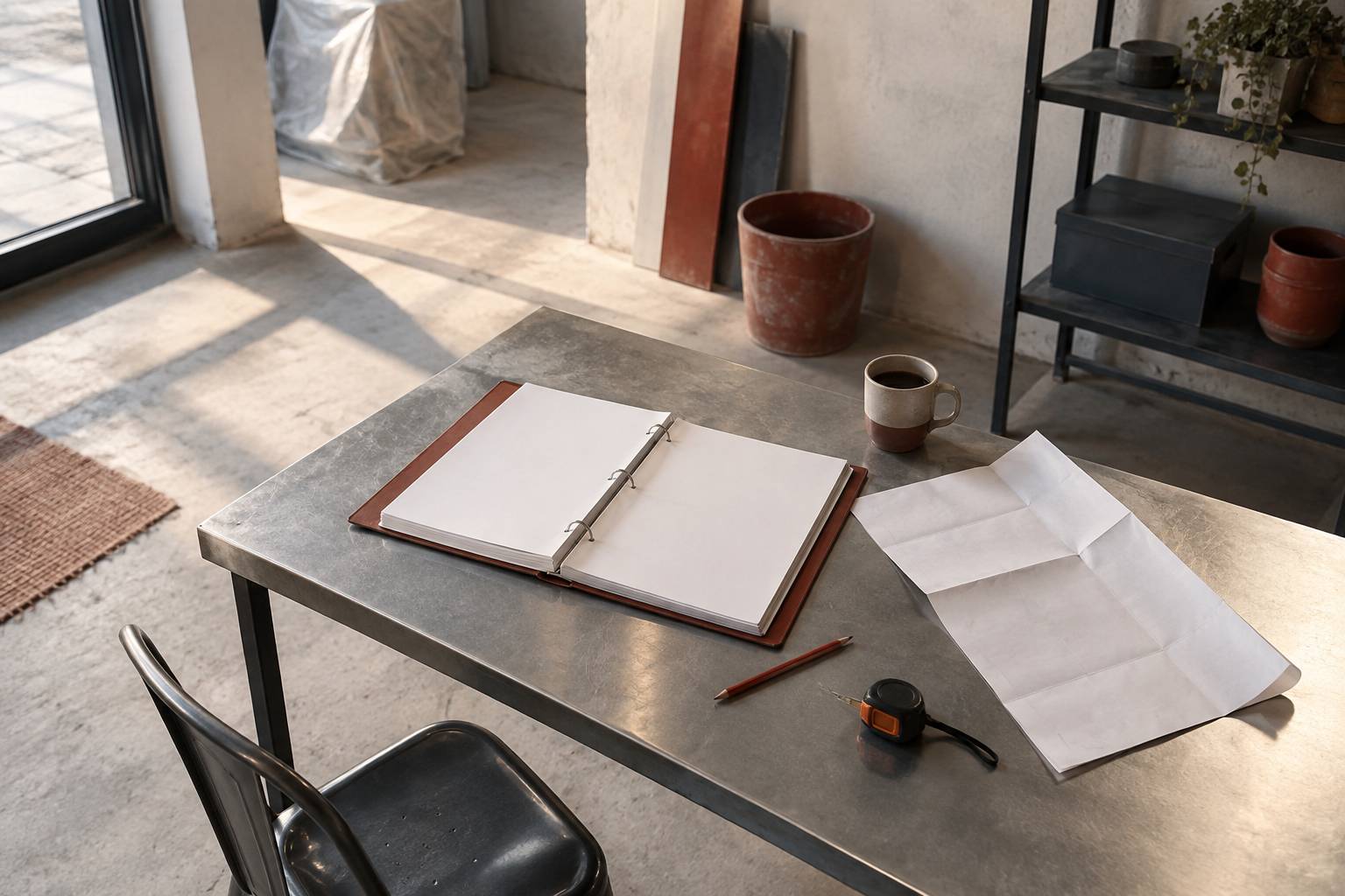 Dossier d'expertise ouvert aux feuilles vierges avec crayon et metre ruban