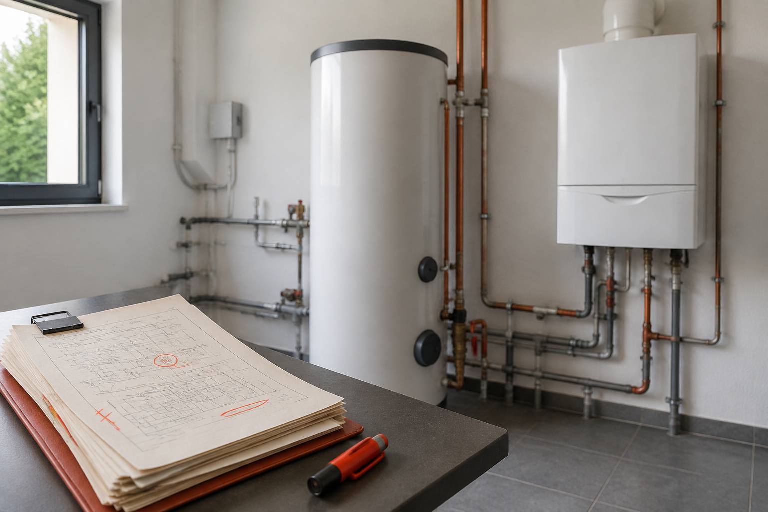 Chauffe-eau et chaudière génériques dans un local technique clair