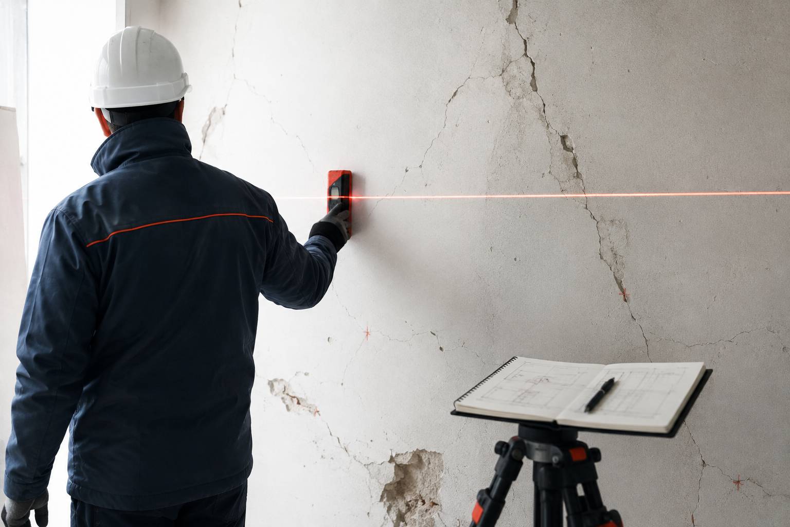 Expert vu de dos mesurant un mur fissuré au réglet dans un chantier clair