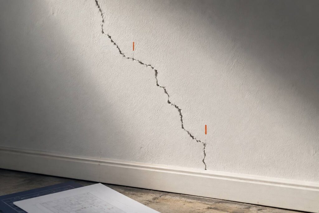 Fissure oblique en escalier sur un mur clair près d'un sol argileux