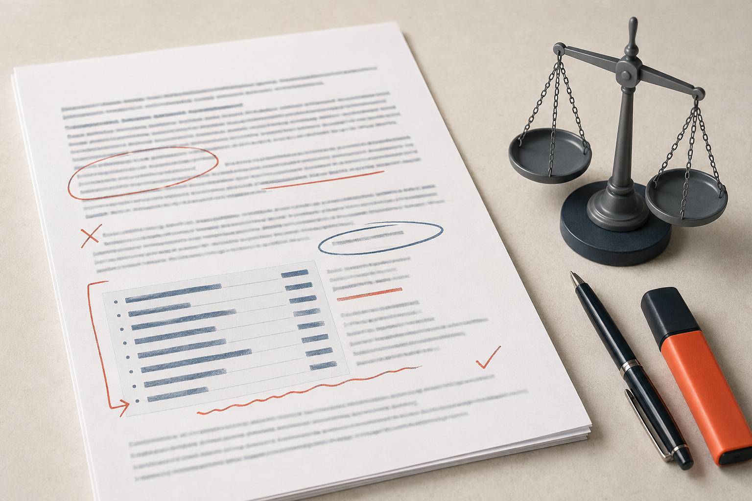 Contrat de protection juridique flou avec balance stylisée et surligneur