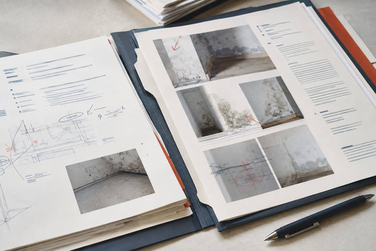 Documents flous et photos de traces d'humidité dans un dossier de sinistre
