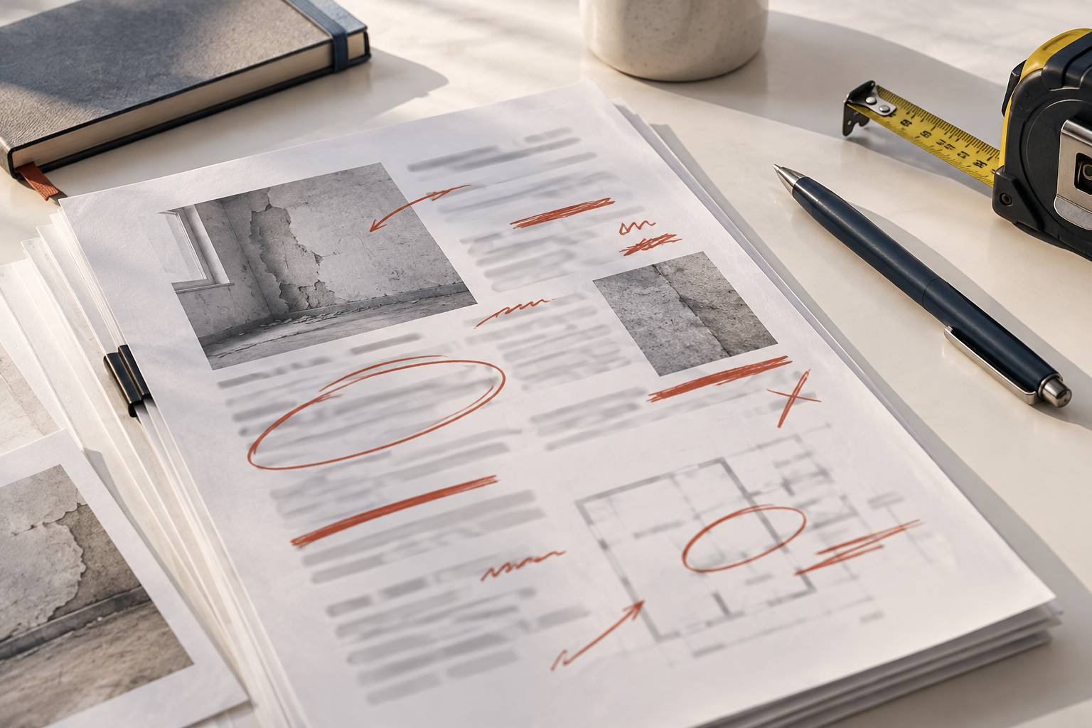 Gros plan sur un rapport de chantier annoté au marqueur rouge
