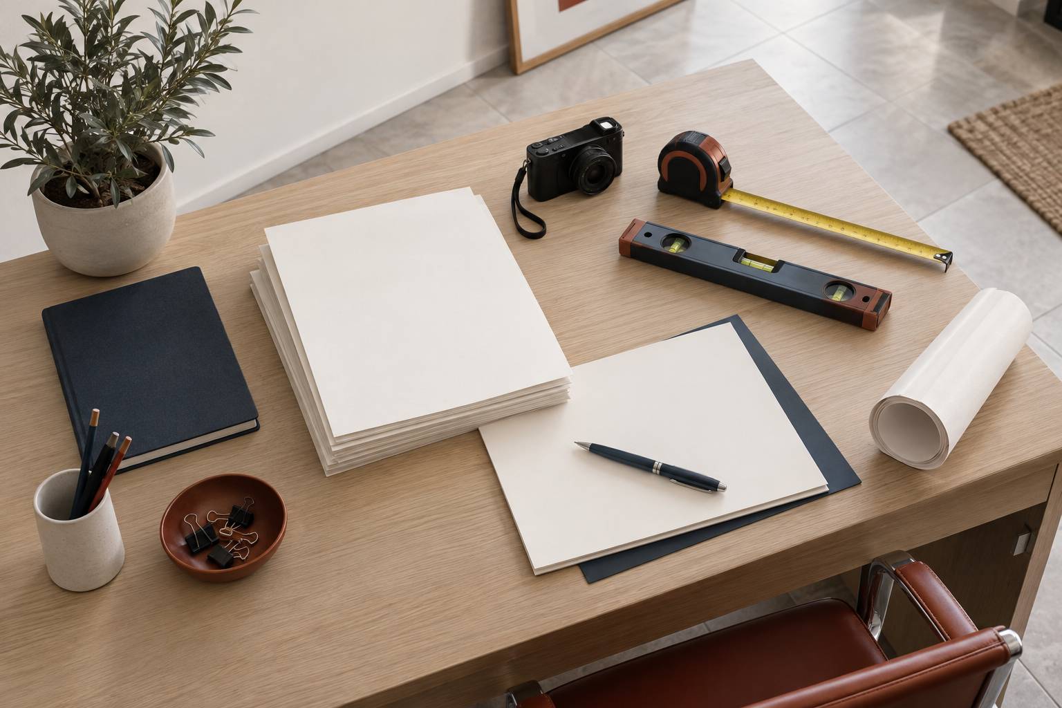 Documents vierges et instruments de mesure sur un bureau d'expertise