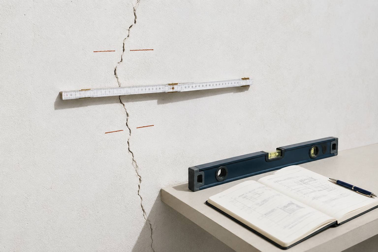 Réglet en travers d'une fissure avec un niveau à bulle et un carnet flou