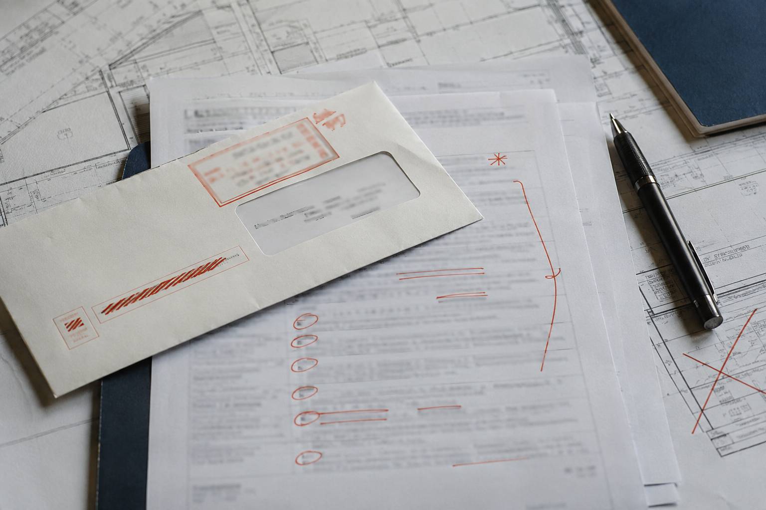 Lettre recommandée posée sur un récapitulatif de travaux flou
