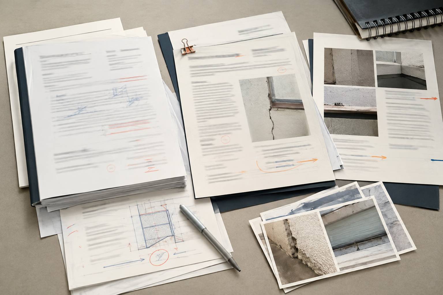 Contrat, procès-verbal et devis flous étalés avec des photos de désordres