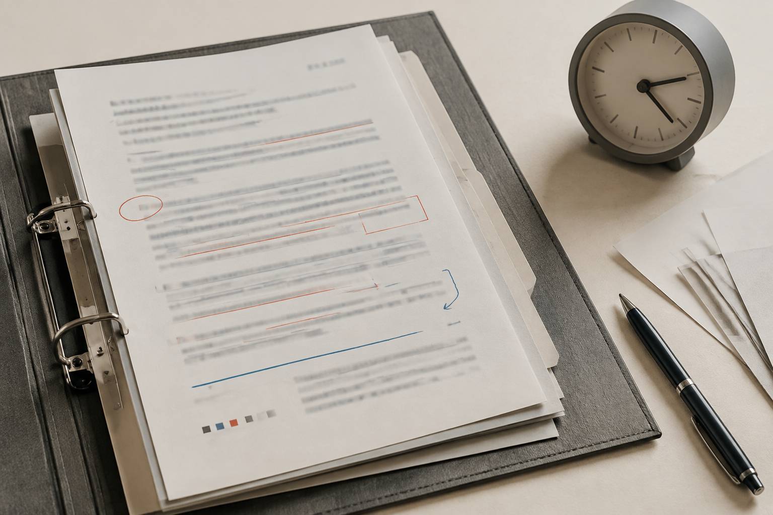 Courrier d'assureur flou avec une horloge de bureau sur un classeur