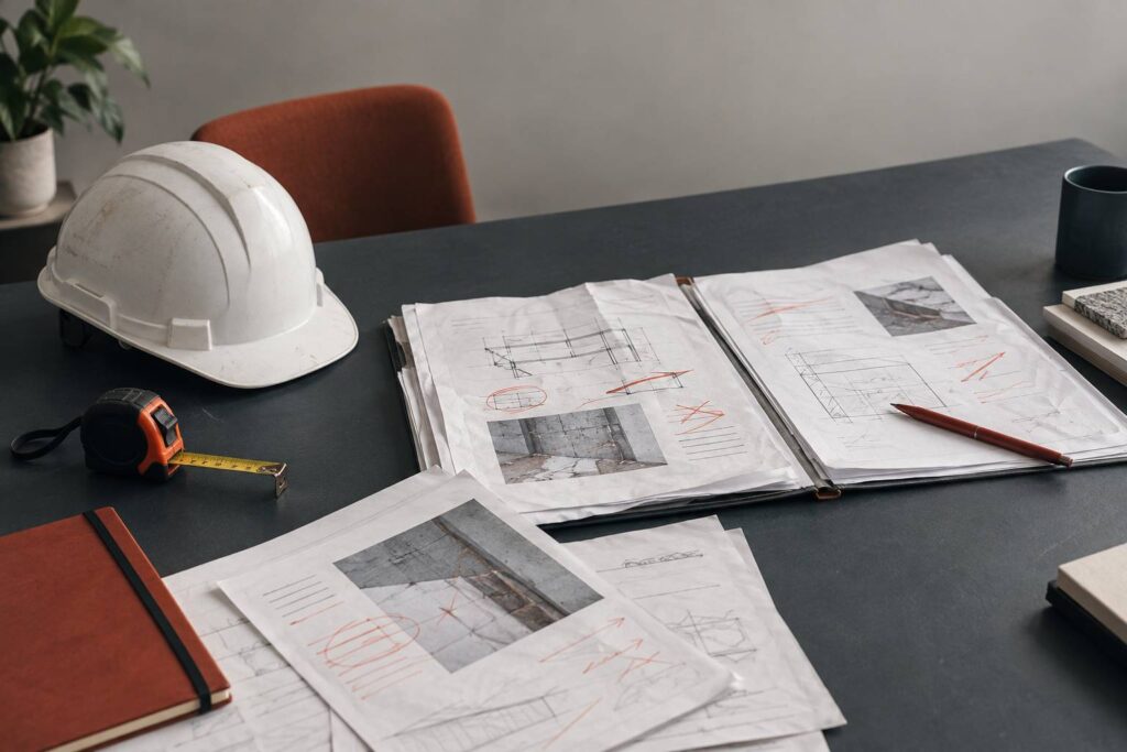 Dossier de chantier avec documents annotés, casque et mètre à ruban
