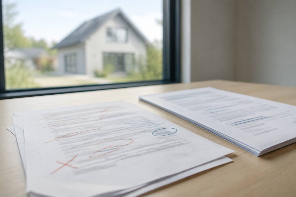 Courrier de refus flou posé près d'un contrat d'assurance sur une table