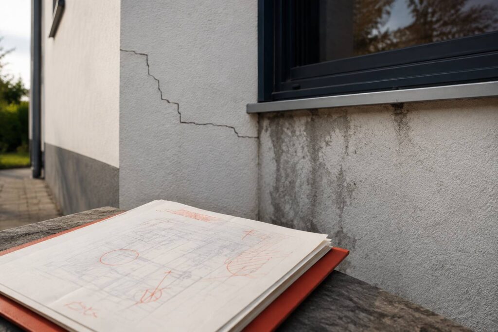 Façade avec fissure fine et trace d'humidité près d'un dossier flou