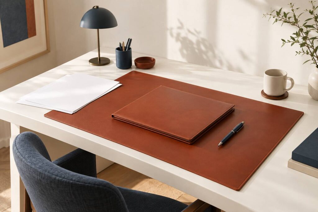 Bureau sobre avec dossier ferme, stylo et petite lampe