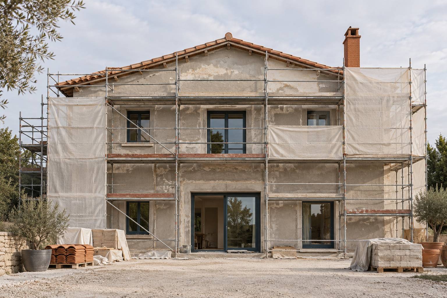 Facade de maison en travaux avec echafaudage metallique sobre