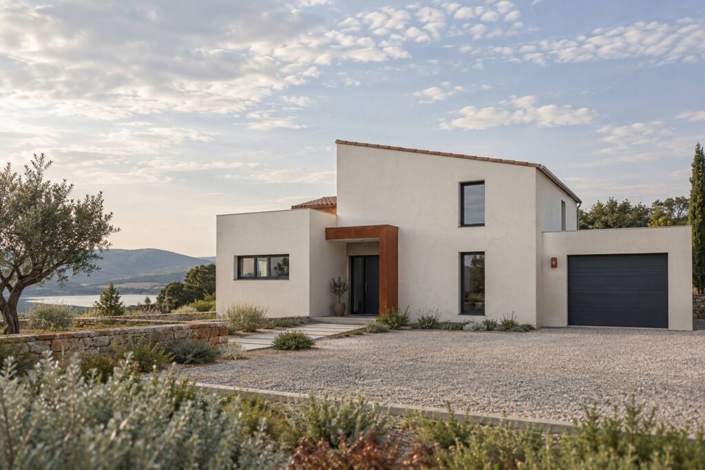 Facade de maison individuelle avec fissures fines discretes dans l'enduit