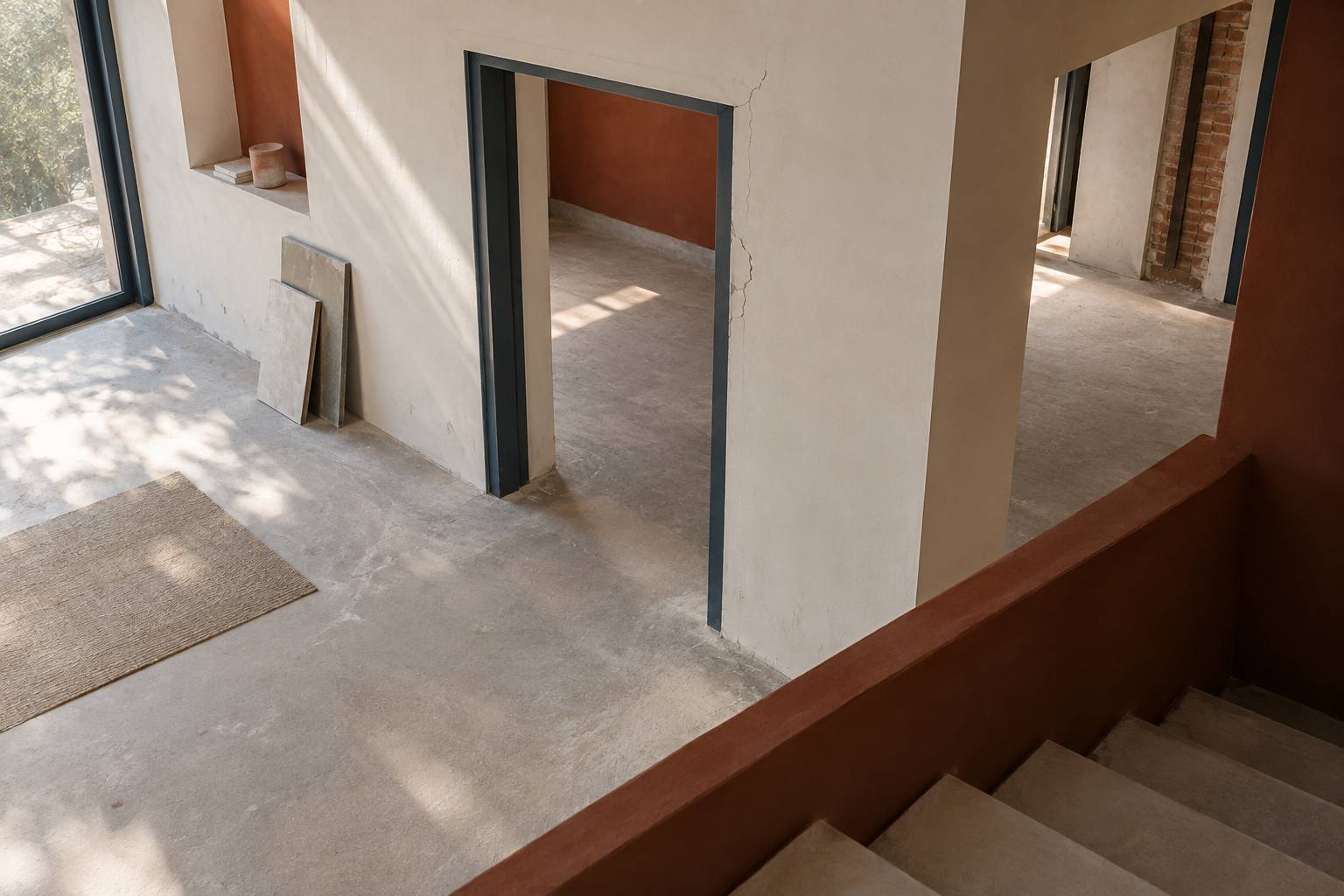Fissure fine sur un mur enduit clair pres d'une menuiserie de maison