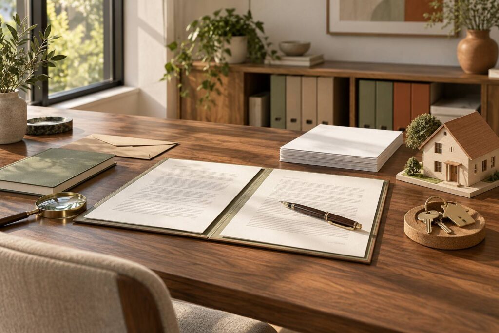 Bureau en noyer avec dossier d'assurance, maquette de maison en bois et jeu de clés