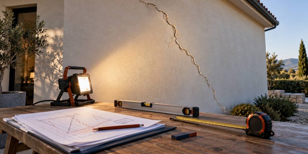 Fissure visible sur un mur d'enduit clair, niveau à bulle et mètre ruban sur une table