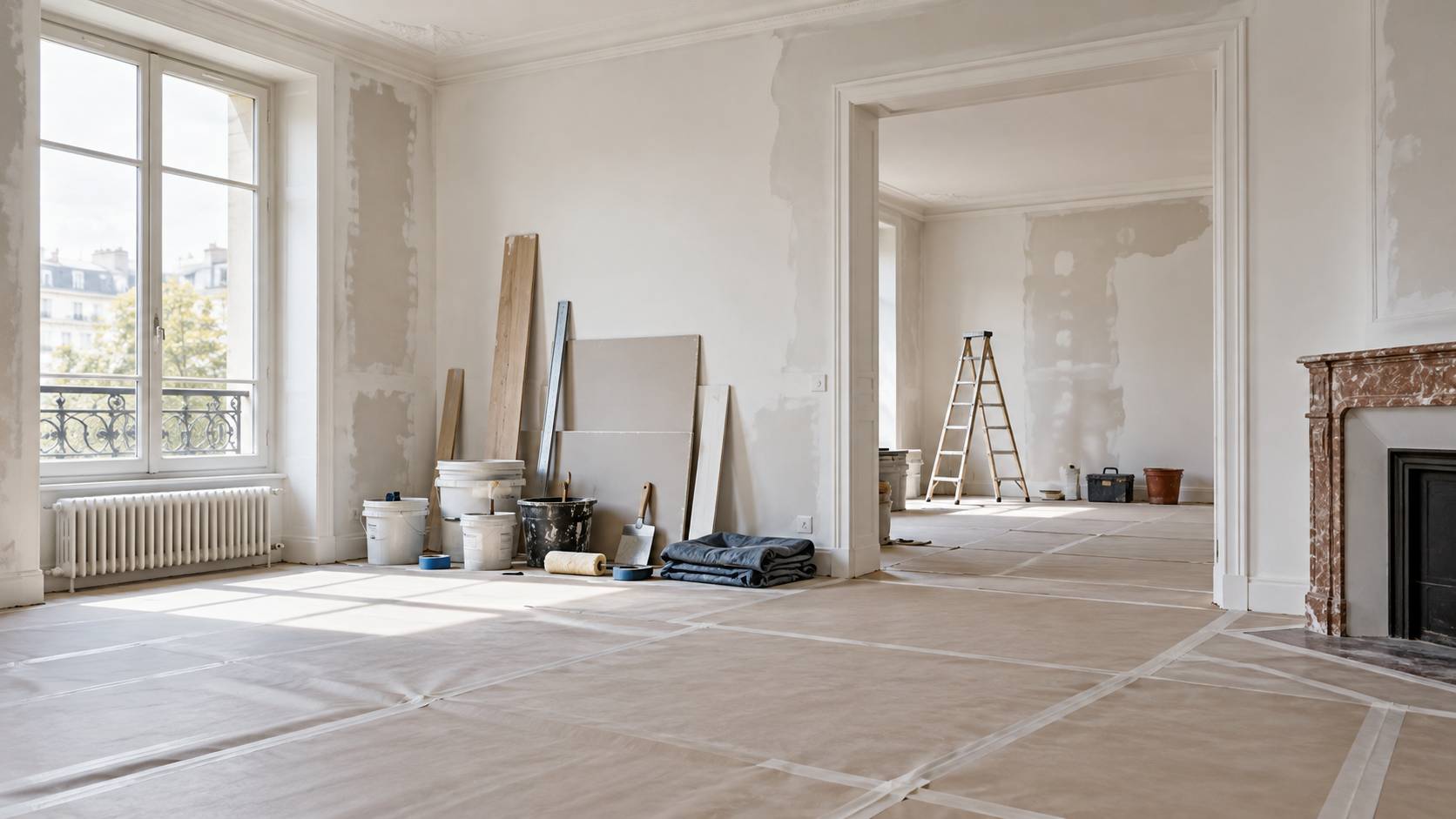Interieur en renovation apres sinistre avec materiaux de reprise ranges