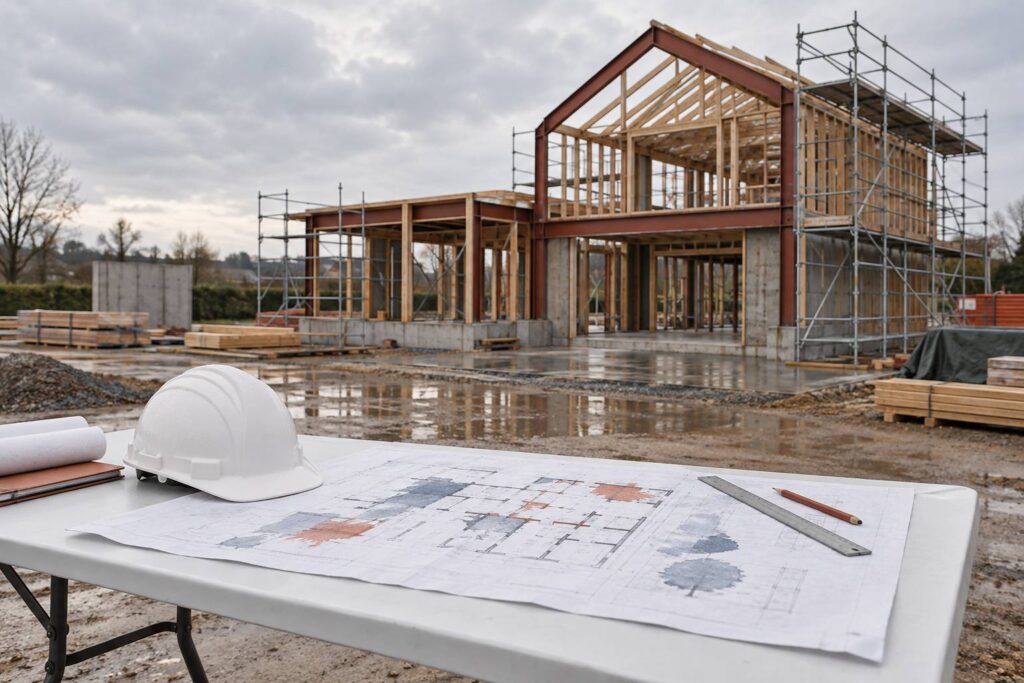 Chantier de maison en construction avec plan deplie sur une table